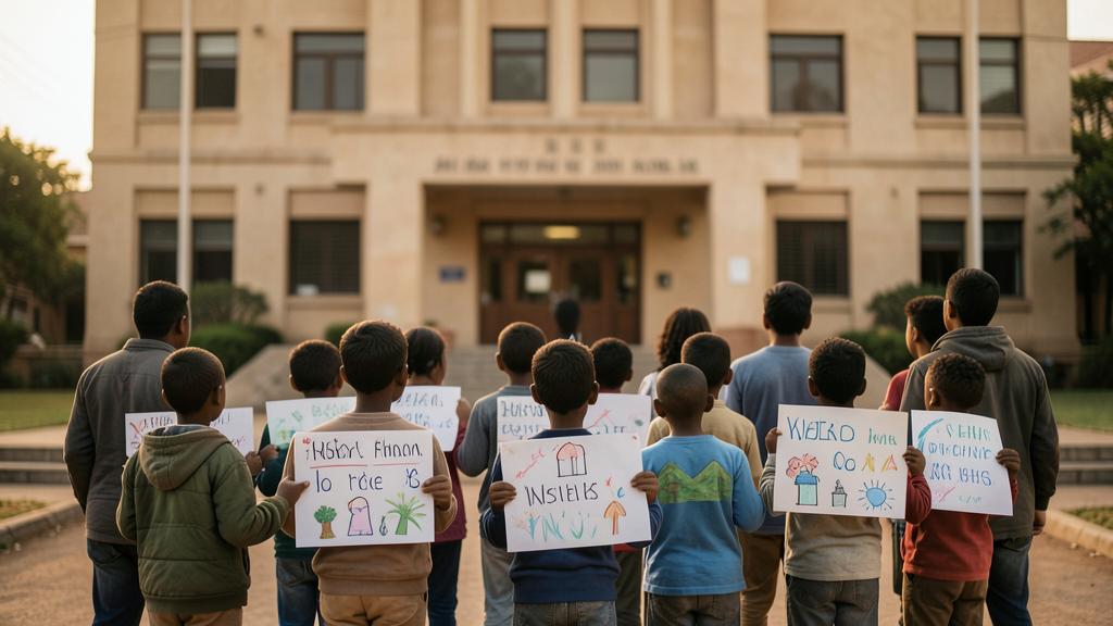 Children outside a courthouse holding climate placards